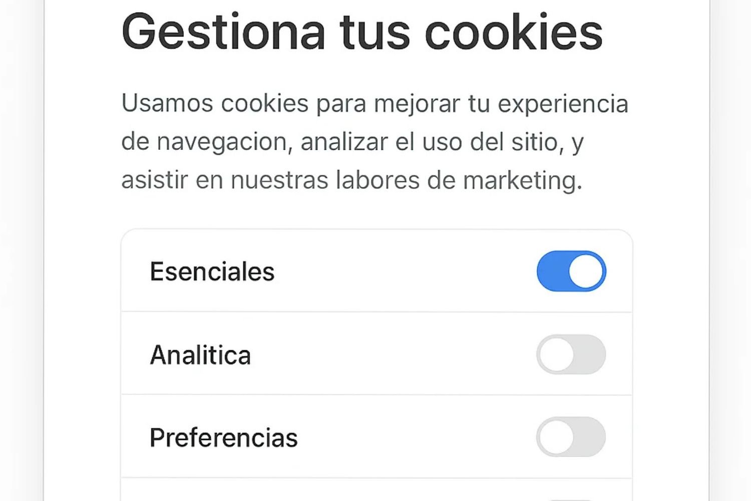 Banner de consentimiento de cookies en español de Conecta Chava+: gestión clara y transparente