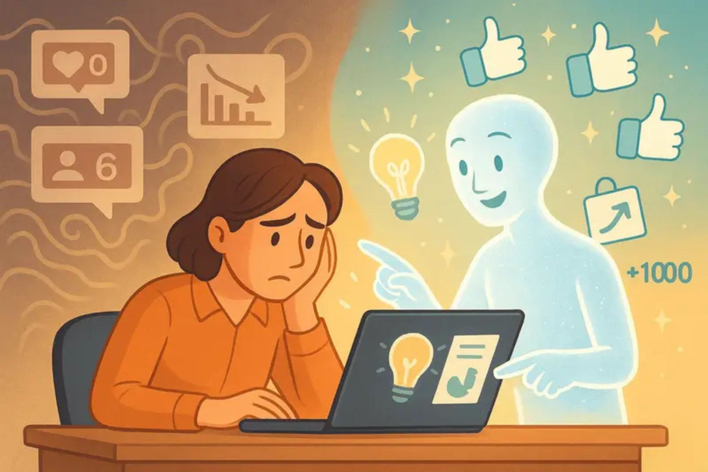 Emprendedor superando miedos en redes sociales con la ayuda de la inteligencia artificial. Vende con IA, solo con Conecta Chava+.