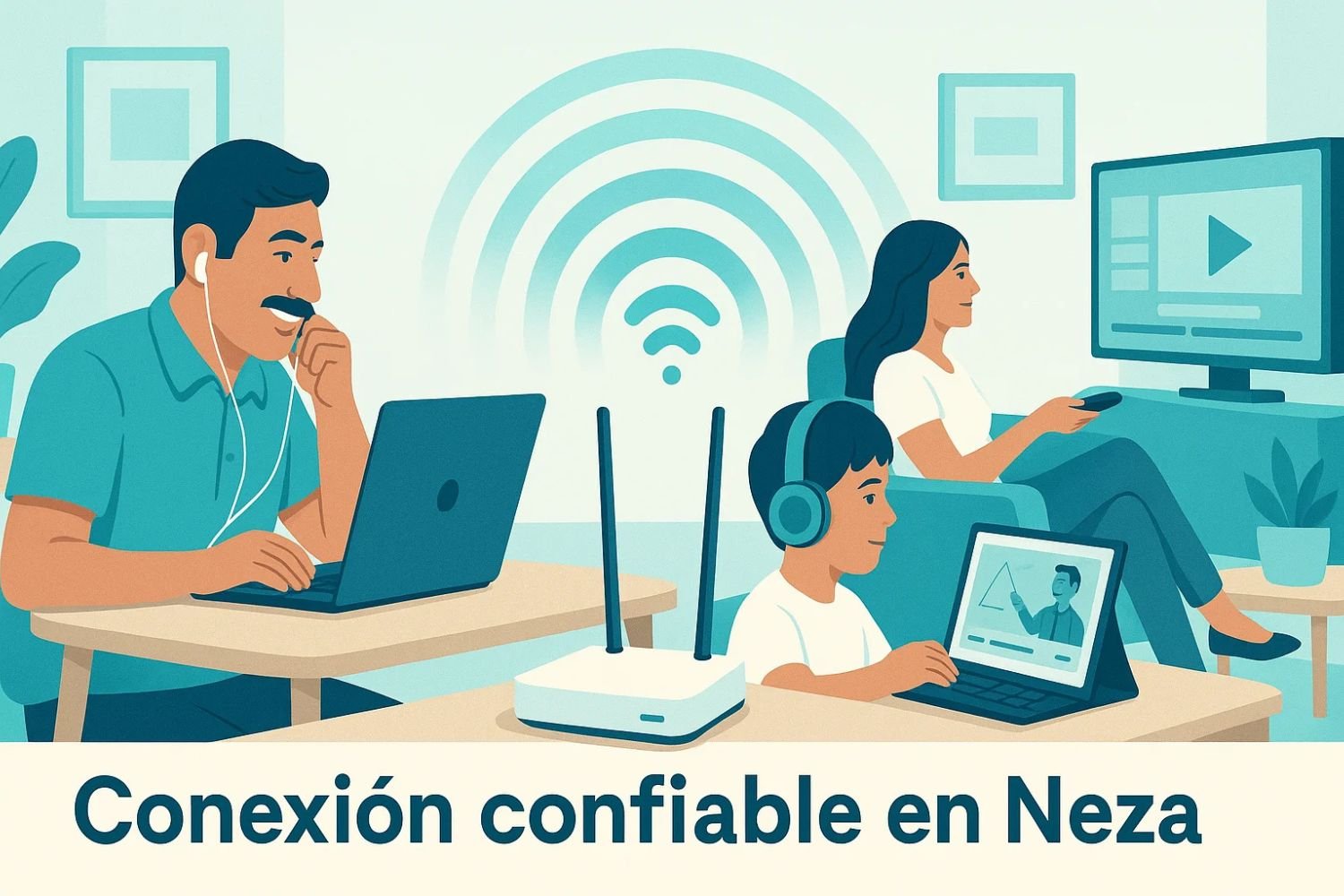Familia conectada en Neza usando Internet rápido para clases, streaming y videollamadas