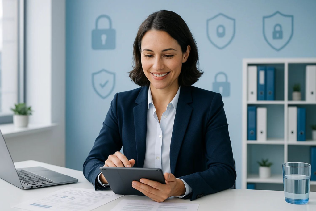 Aviso de Privacidad Conecta Chava+ Mujer en oficina con tablet leyendo el Aviso de Privacidad de Conecta Chava+.