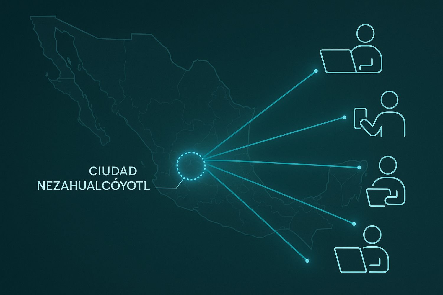 Mapa de México que muestra cómo segmentar la publicidad digital por zona geográfica, resaltando Ciudad Nezahualcóyotl. Conecta Chava+ conectando a Neza con la IA
