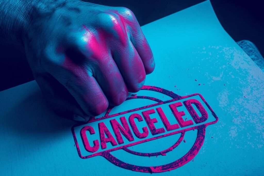 Primer plano de un puño aplastando un sello que estampa la palabra CANCELADO. La imagen es de tensión contenida. Cancelar izzi