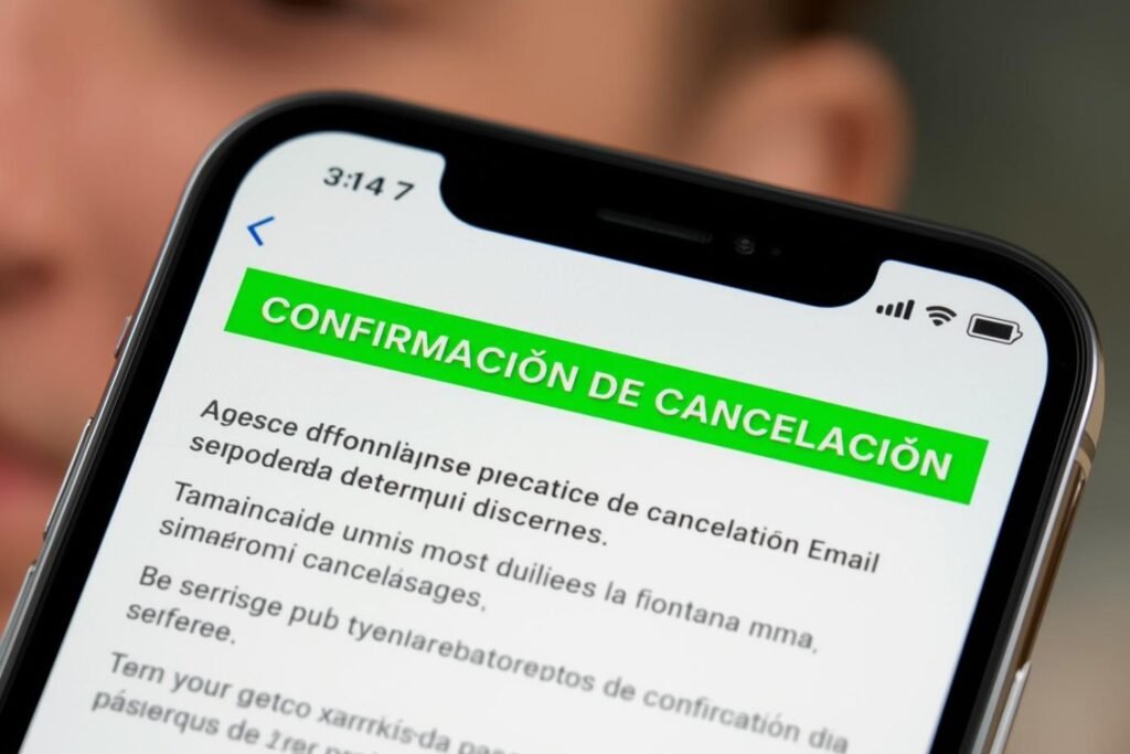 Primer plano de un móvil. El usuario lee el asunto del correo resaltado en verde: CONFIRMACIÓN DE BAJA.