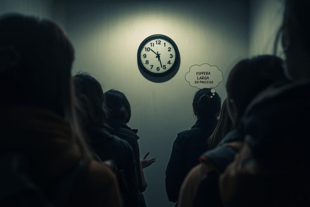 Ilustración de personas frustradas en una fila esperando para Cancelar Telmex. El texto flotante representa la Larga Espera en Trámite. En Conecta Chava+ asesoramos a Cancelar Telmex Guía Esencial